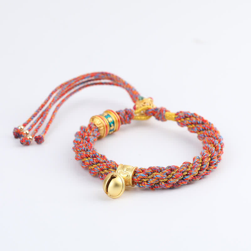Hand-Woven Tibetan Om Mani Padme Hum Wisdom Bell Charm Multicolor Rope Bracelet