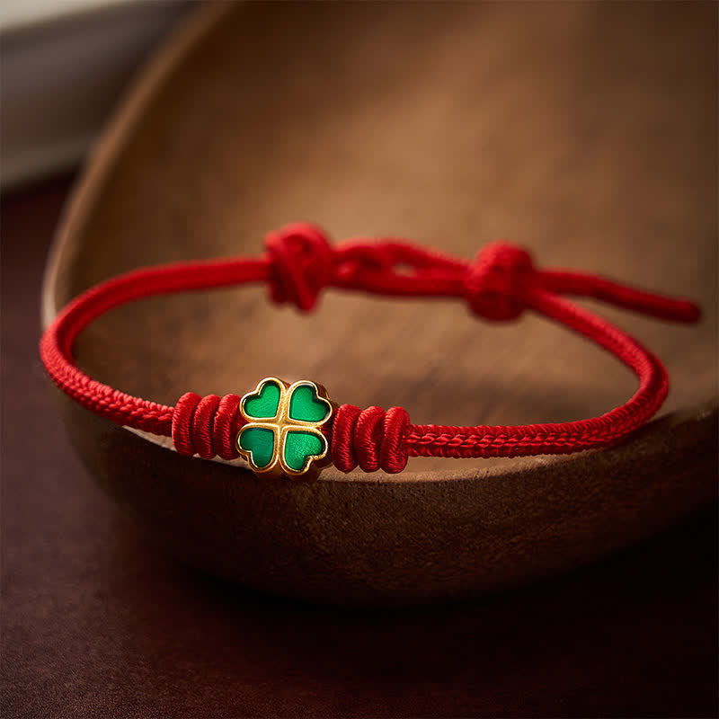 Hand-Woven Red Rope Heart-Shaped Green Four Leaf Clover Luck Bracelet