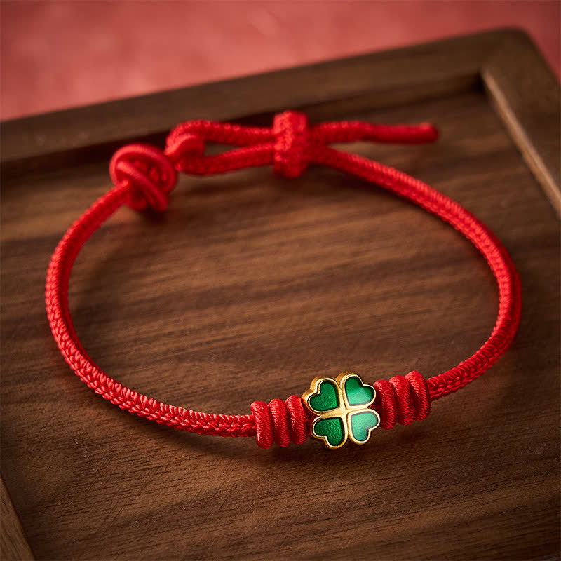 Hand-Woven Red Rope Heart-Shaped Green Four Leaf Clover Luck Bracelet