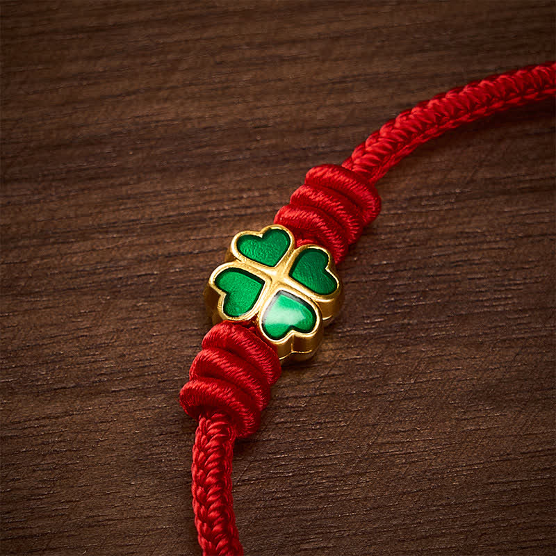 Hand-Woven Red Rope Heart-Shaped Green Four Leaf Clover Luck Bracelet