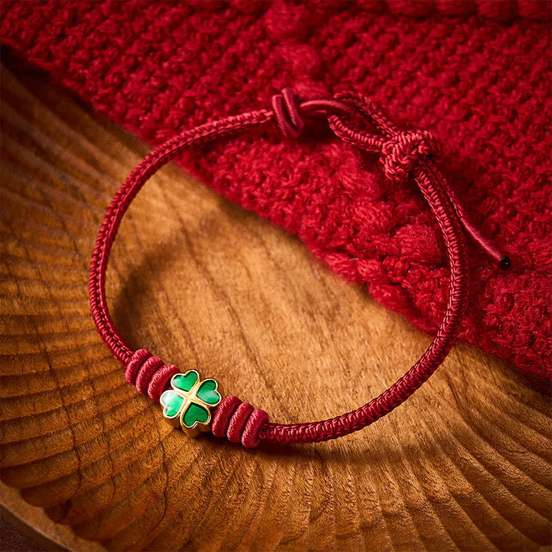 Hand-Woven Red Rope Heart-Shaped Green Four Leaf Clover Luck Bracelet