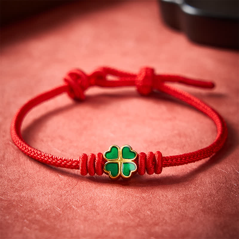 Hand-Woven Red Rope Heart-Shaped Green Four Leaf Clover Luck Bracelet