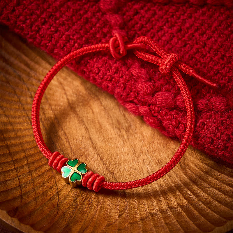 Hand-Woven Red Rope Heart-Shaped Green Four Leaf Clover Luck Bracelet