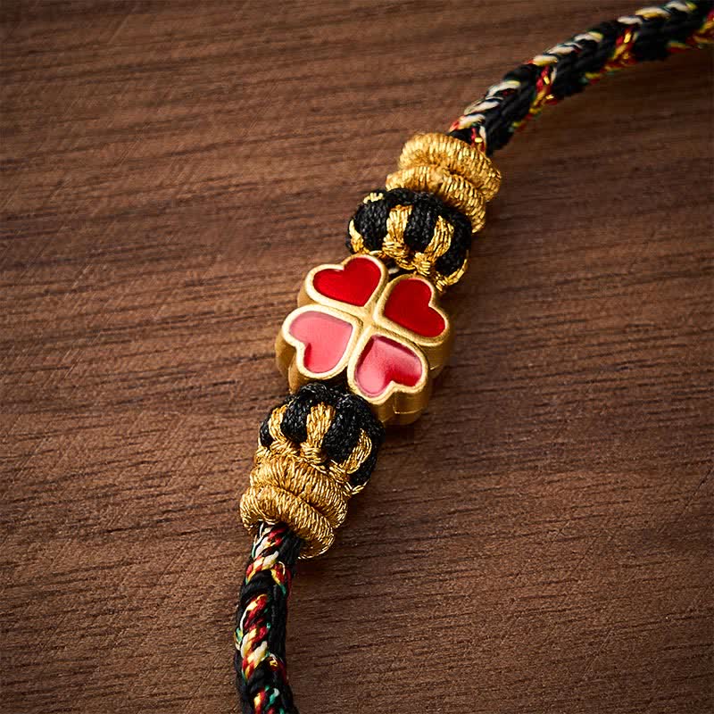 Hand-Woven String Heart-Shaped Red Four Leaf Clover Rope Bracelet