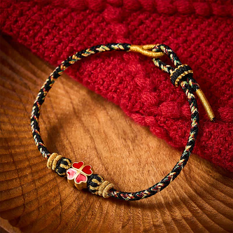 Hand-Woven String Heart-Shaped Red Four Leaf Clover Rope Bracelet