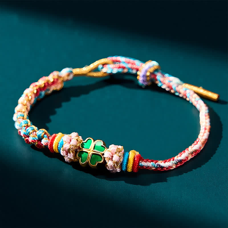 Hand-Woven Multicolor Peach Blossom Heart-Shaped Green Four Leaf Clover Luck Rope Bracelet