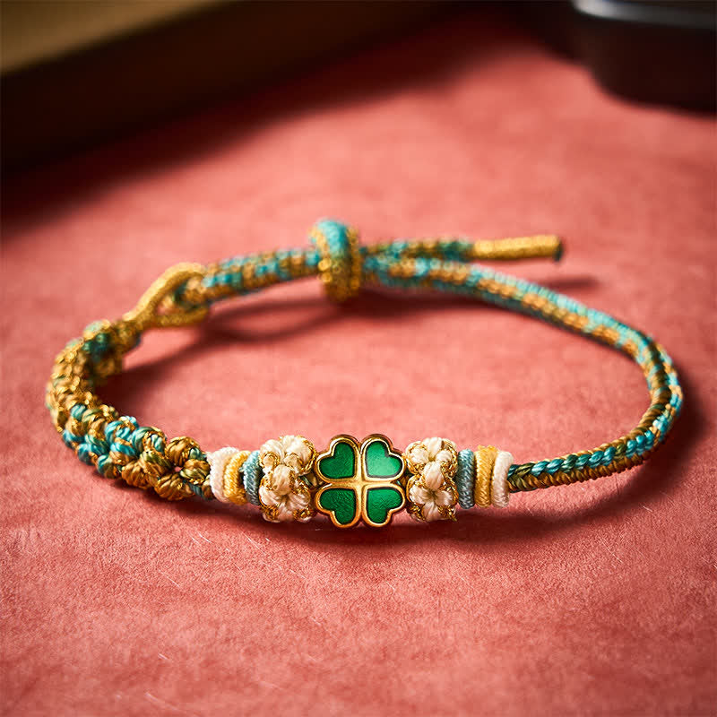 Hand-Woven Multicolor Peach Blossom Heart-Shaped Green Four Leaf Clover Luck Rope Bracelet