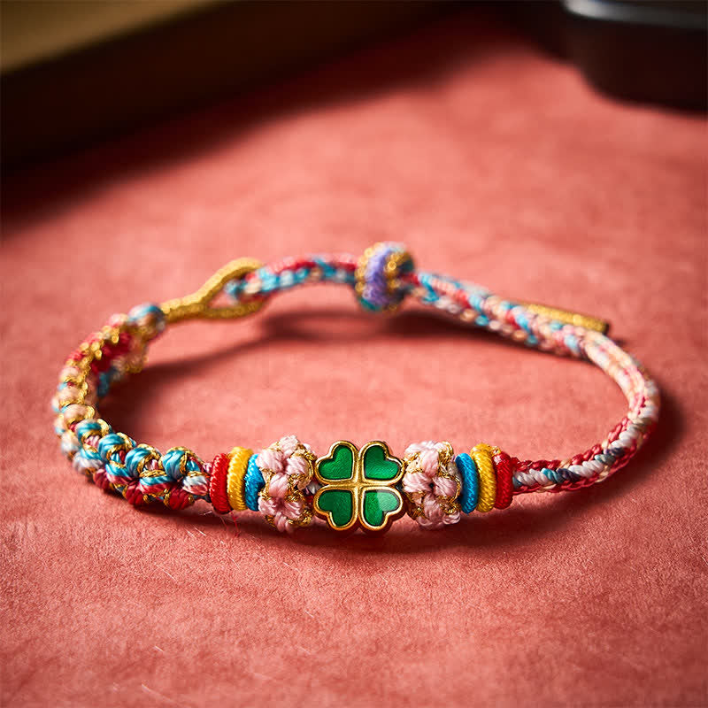Hand-Woven Multicolor Peach Blossom Heart-Shaped Green Four Leaf Clover Luck Rope Bracelet