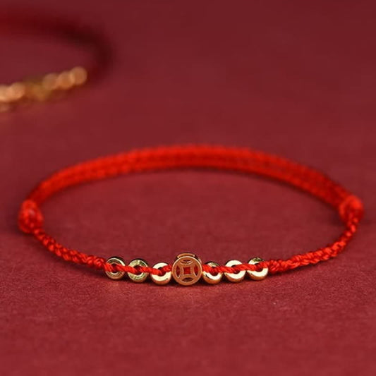 Braided Red String Round Chinese Coin Good Fortune Bracelet