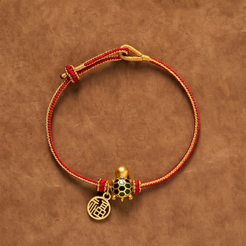 Red String Copper Fu Character Turtle Braided Luck Bracelet