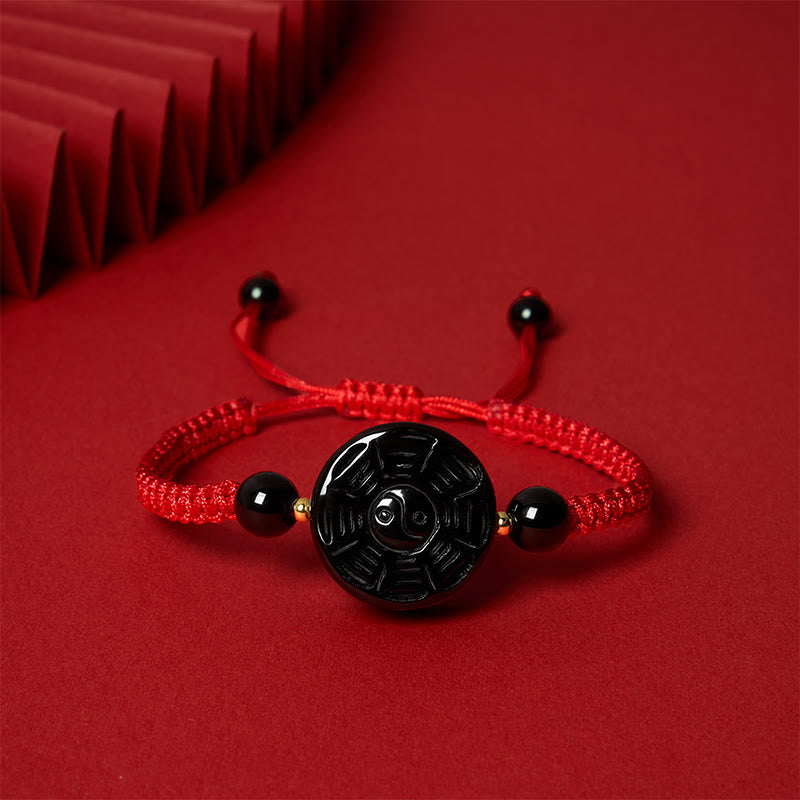 Red String Black Obsidian Round Bagua Blessing Bracelet