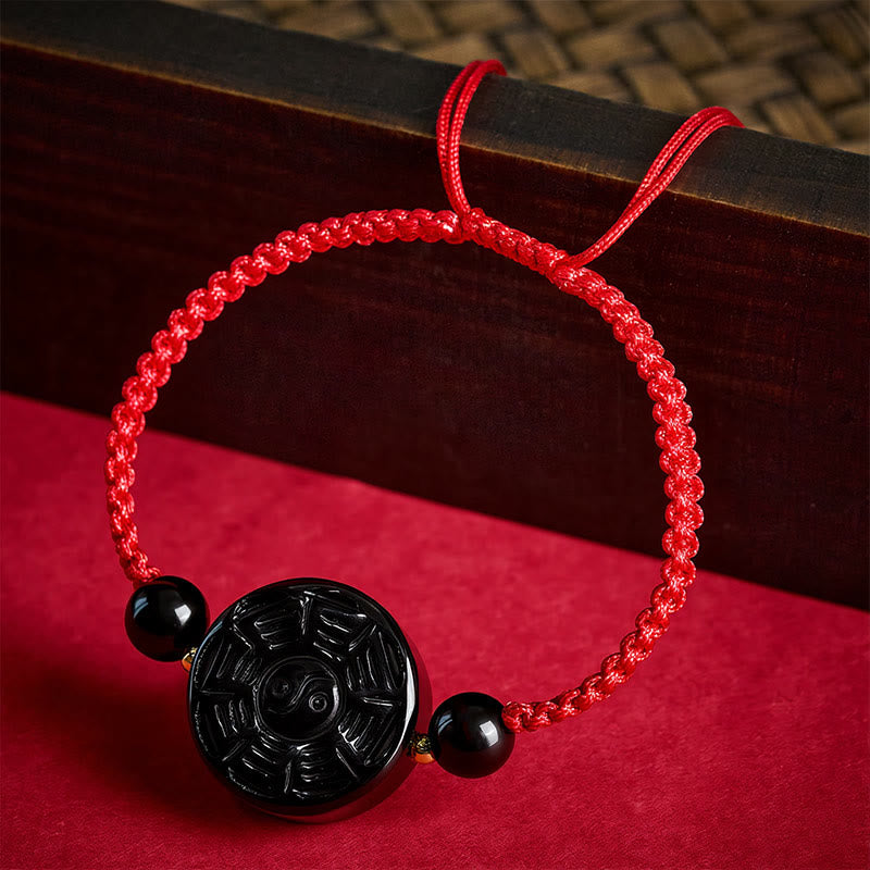 Red String Black Obsidian Round Bagua Blessing Bracelet
