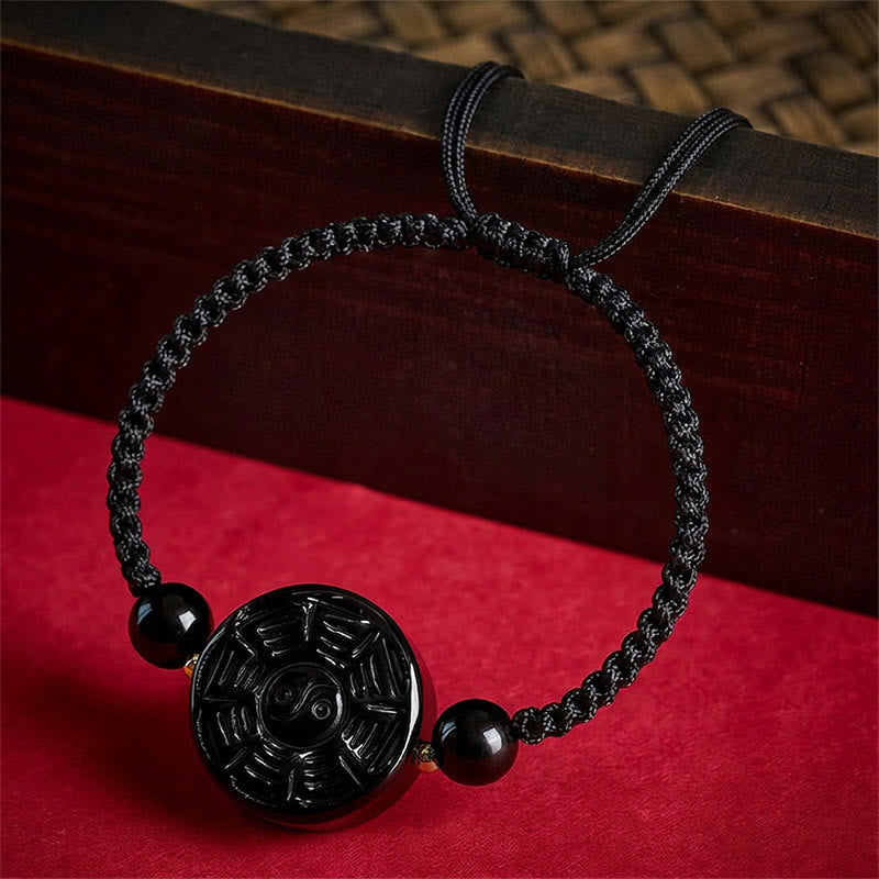 Red String Black Obsidian Round Bagua Blessing Bracelet