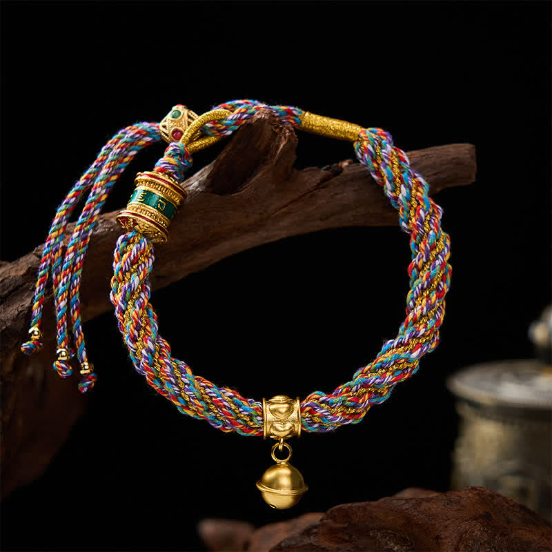 Tibetan Om Mani Padme Hum Strength Bell Charm Multicolor Braided Rope Bracelet