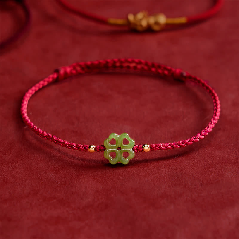 Natural Hetian Cyan Jade Four-leaf Clover Luck Red Rope Bracelet