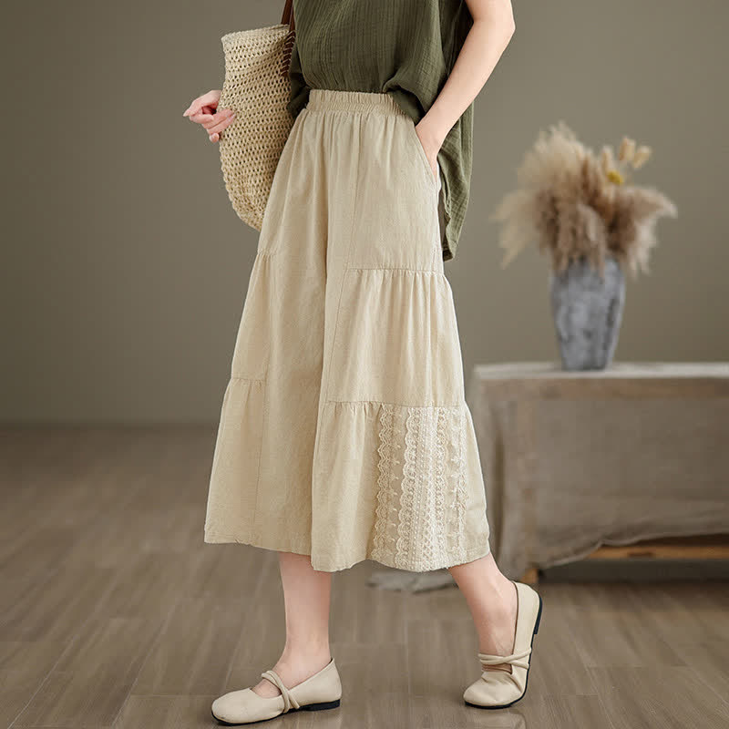 Casual Plain Lace Splicing Cotton Women's Cropped Wide Leg Pants With Pockets