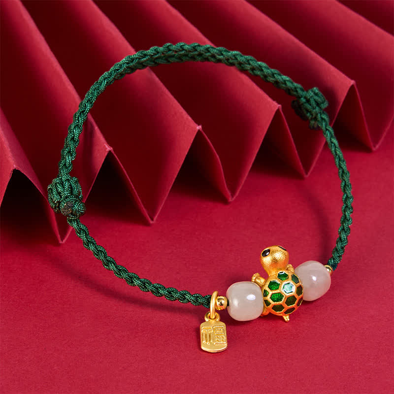 Copper Turtle Hetian Jade Fu Character Luck Red String Bracelet