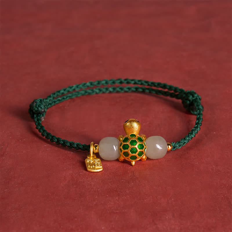 Copper Turtle Hetian Jade Fu Character Luck Red String Bracelet