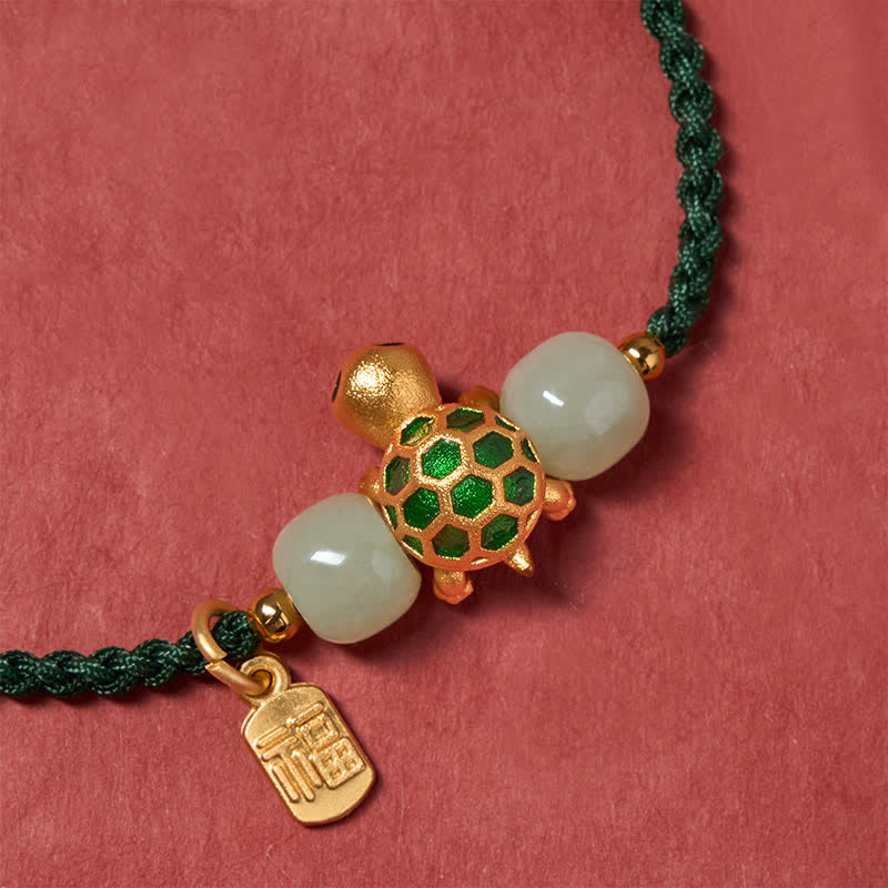 Copper Turtle Hetian Jade Fu Character Luck Red String Bracelet