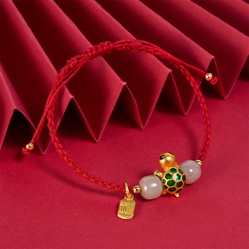 Copper Turtle Fu Character Hetian Jade Red String Prosperity Bracelet