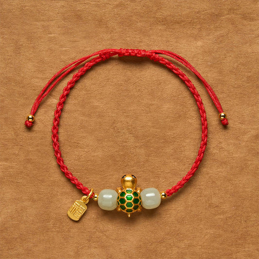 Copper Turtle Fu Character Hetian Jade Red String Prosperity Bracelet