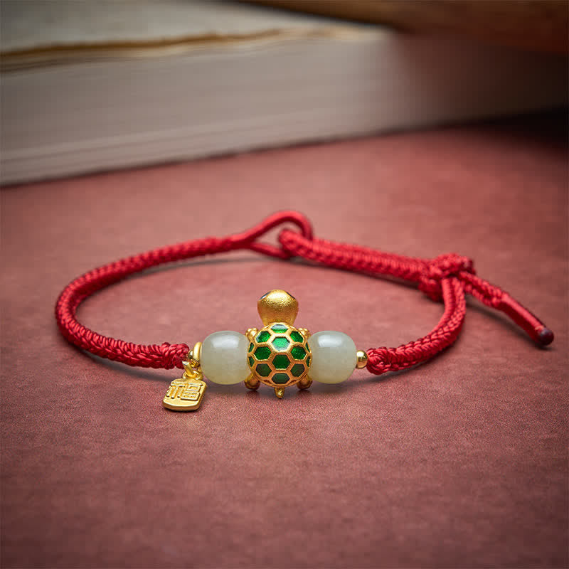 Copper Turtle Fu Character Hetian Jade Red String Luck Bracelet