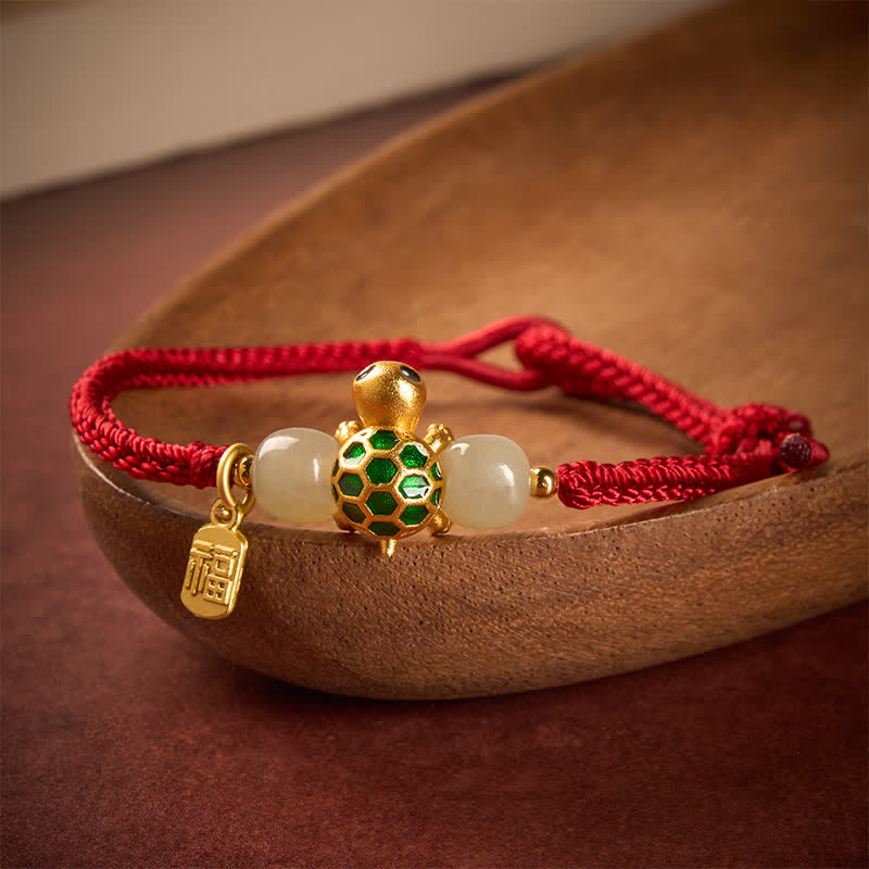 Copper Turtle Fu Character Hetian Jade Red String Luck Bracelet