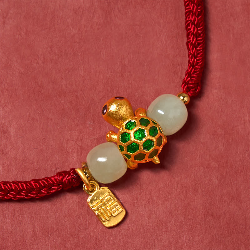 Copper Turtle Fu Character Hetian Jade Red String Luck Bracelet