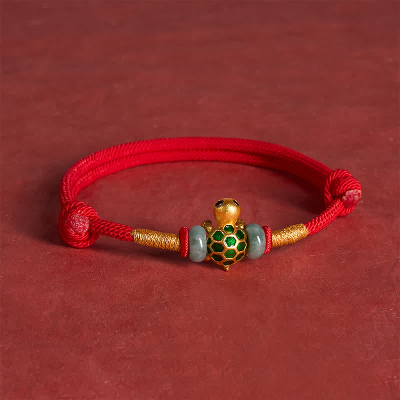 Copper Turtle Jade Fu Character Luck Red String Bracelet