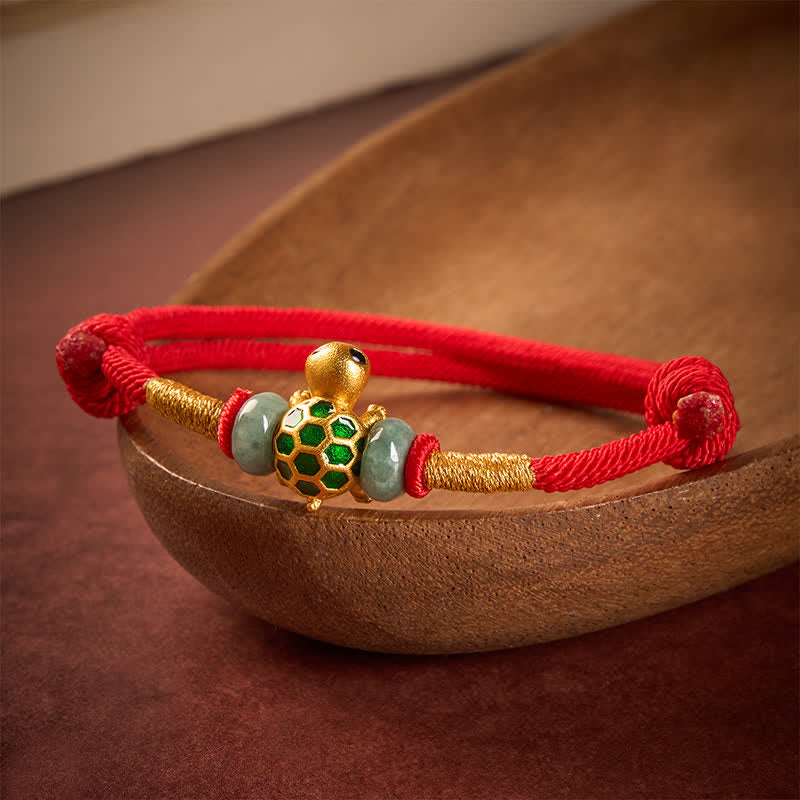 Copper Turtle Jade Fu Character Luck Red String Bracelet