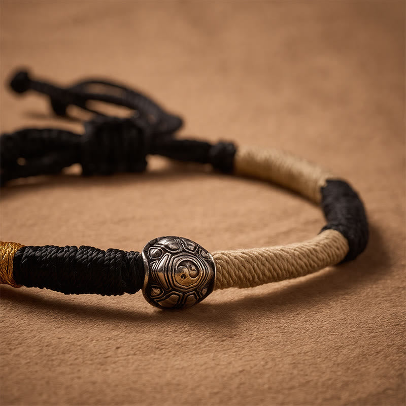 Brass Yinyang Turtle Black String Hand-Woven Wisdom Bracelet
