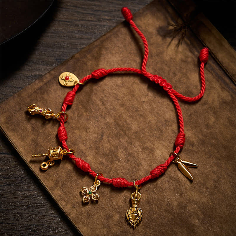 Handmade Seven-Knot Red String Om Mani Padme Hum Prayer Wheel Vajra Bamboo Leaf Zakiram Luck Bracelet