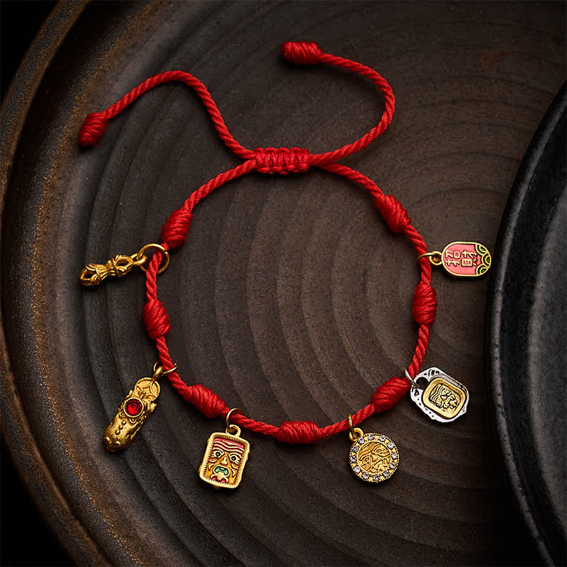 Handmade Seven-Knot Red String Zakiram Fortune & Blessings Fu Character Pixiu Vajra Luck Bracelet