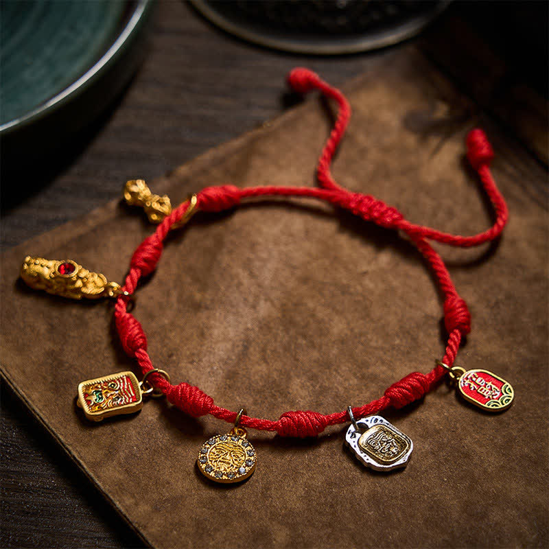 Handmade Seven-Knot Red String Zakiram Fortune & Blessings Fu Character Pixiu Vajra Luck Bracelet