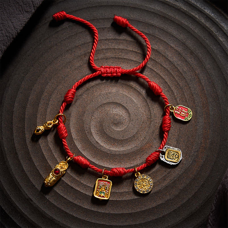 Handmade Seven-Knot Red String Zakiram Fortune & Blessings Fu Character Pixiu Vajra Luck Bracelet