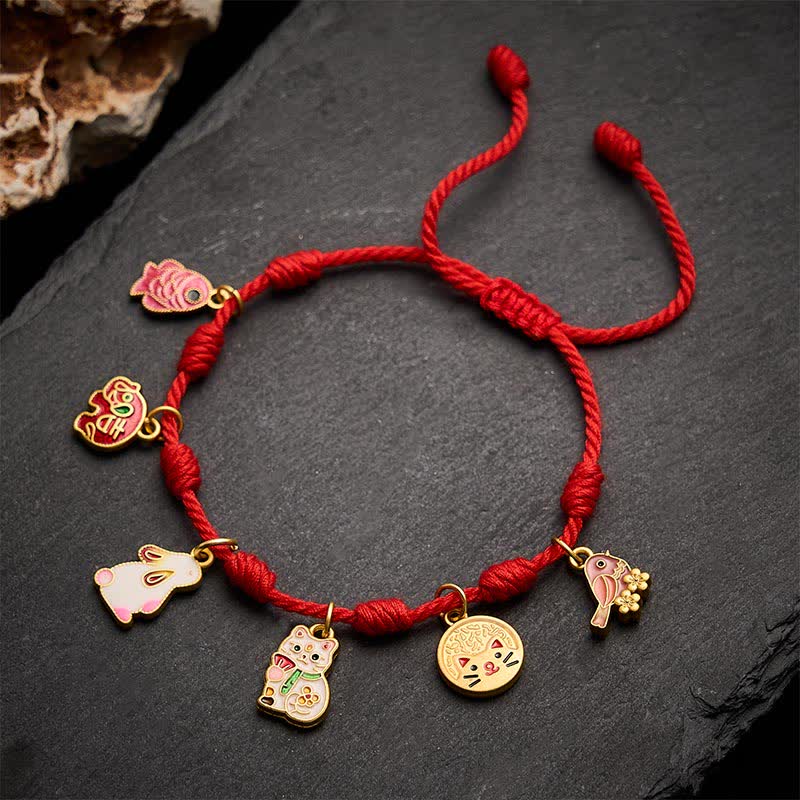Handmade Seven-Knot Red String Koi Fish Elephant Rabbit Cat Purple Magpie Luck Bracelet