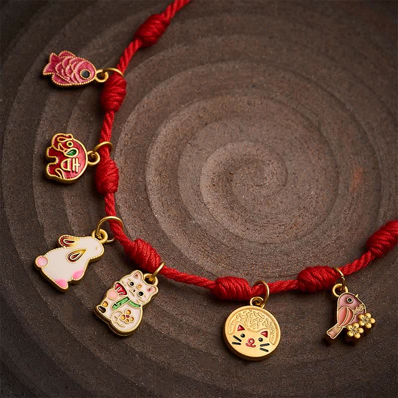 Handmade Seven-Knot Red String Koi Fish Elephant Rabbit Cat Purple Magpie Luck Bracelet