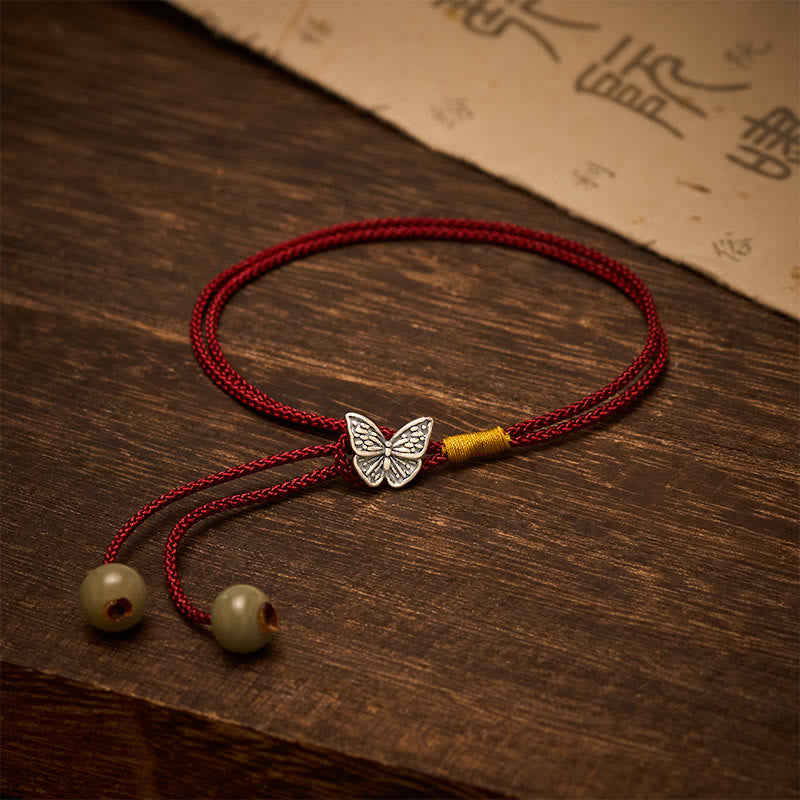 925 Sterling Silver Butterfly Protection Vintage Braided Red String Bracelet
