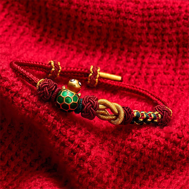 Hand-Woven Copper Turtle Red String Protection Bracelet