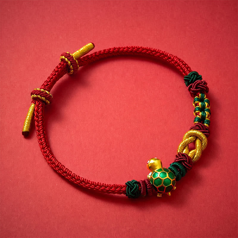 Hand-Woven Copper Turtle Red String Protection Bracelet