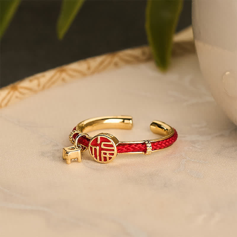 Red String Round Fu Character Luck Open Ring