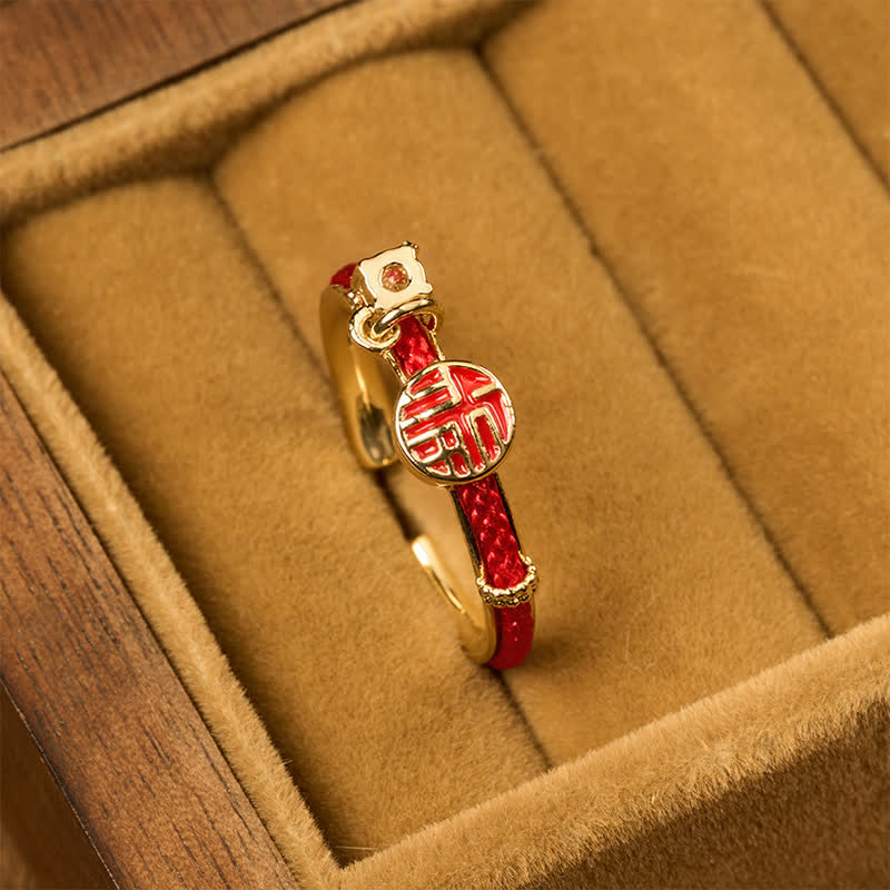 Red String Round Fu Character Luck Open Ring