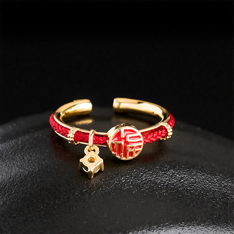 Red String Round Fu Character Luck Open Ring