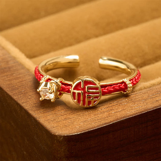 Red String Round Fu Character Luck Open Ring