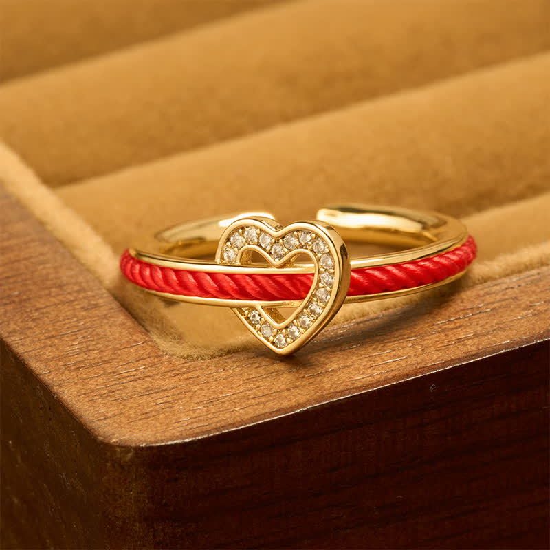 Copper Red String Heart Luck Open Ring