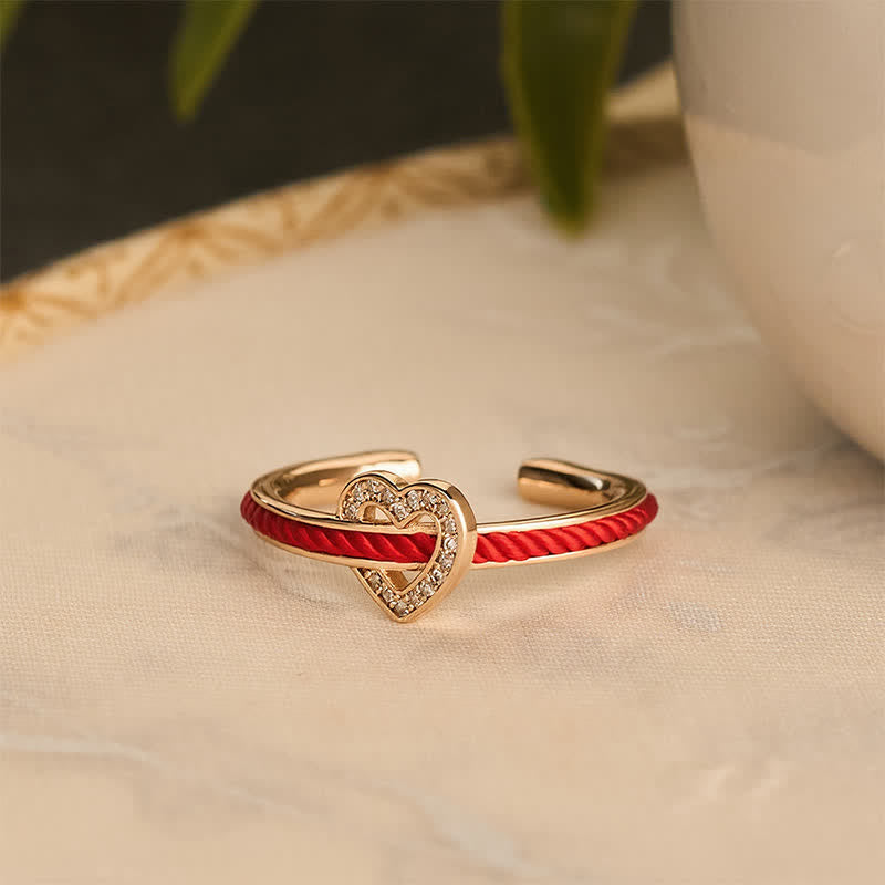 Copper Red String Heart Luck Open Ring