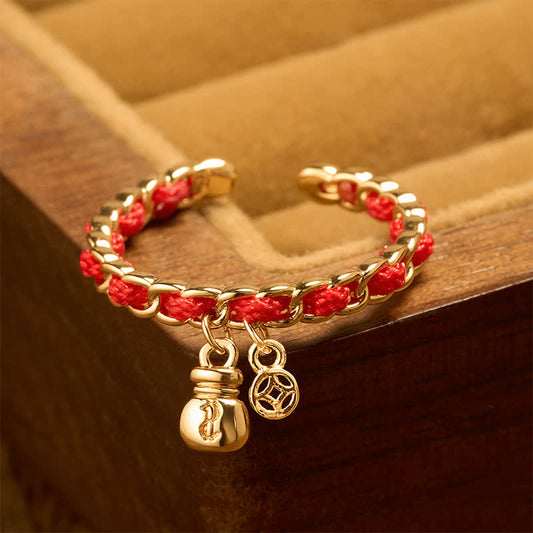 Copper Red String Chinese Coin Good Fortune Fortune Pouch Open Ring
