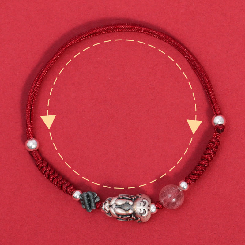 999 Sterling Silver PiXiu Strawberry Quartz Bead Wealth Luck Braided Bracelet