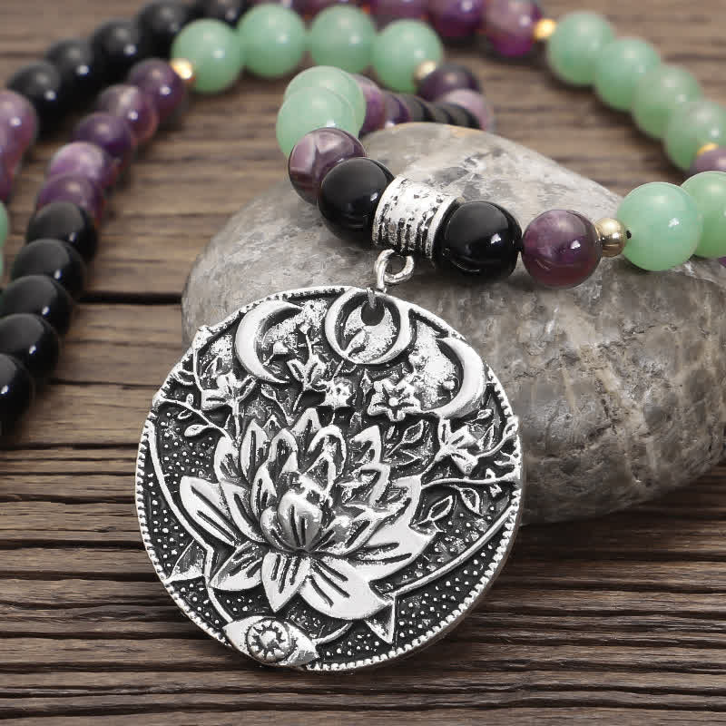 108 Mala Beads Amethyst Green Aventurine Lotus Meditation Bracelet
