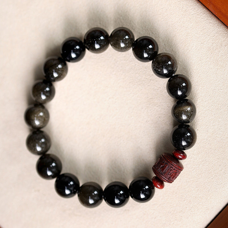 Natural Gold Sheen Obsidian Rainbow Obsidian Om Mani Padme Hum Fu Character Bracelet